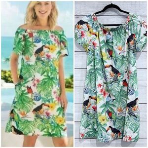 Soft Surroundings Mini Dress Off Shoulder Tropical Resort Vacation Size Large
